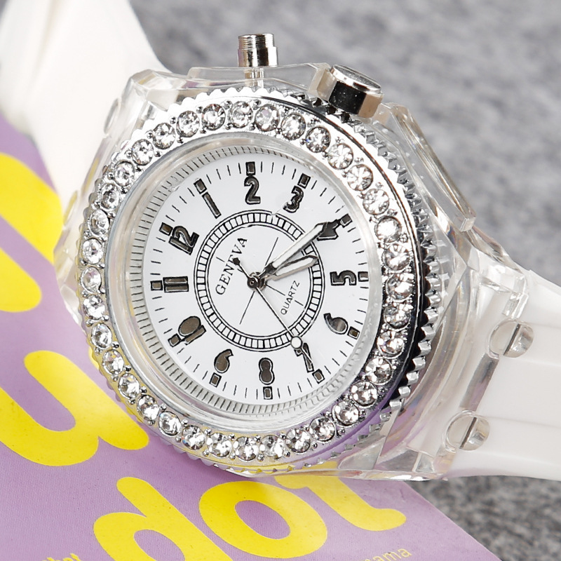 Luminous Quartz Watch for Women Personality Rhinestone Led Geneva Male and Female Students Couple Jelly Wrist Watches