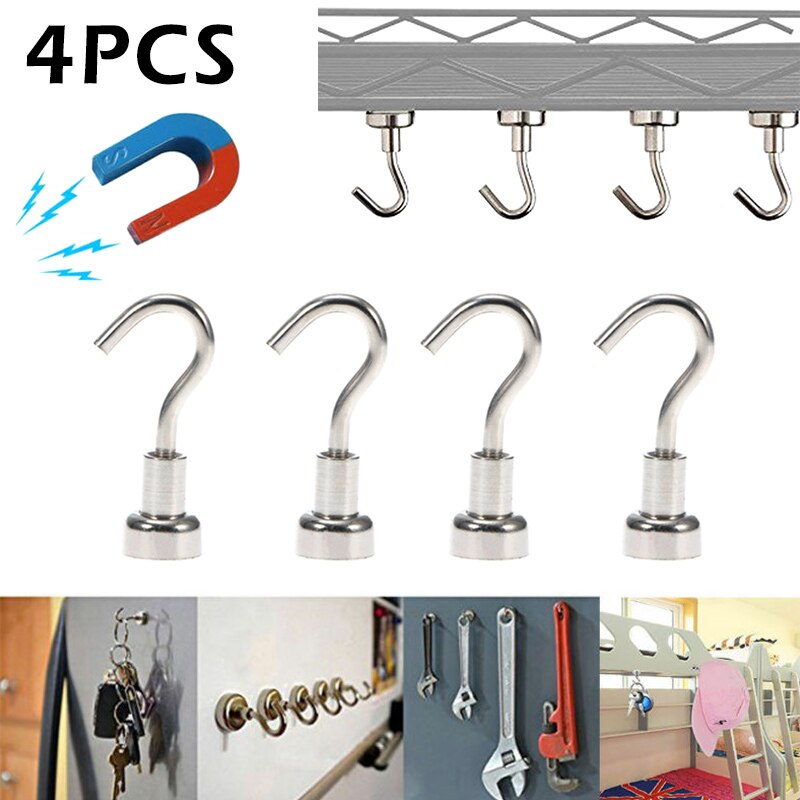 4pcs Magnetic Hooks Powerful Heavy Duty Neodymium Magnet Refrigerator Surfaces Not Scratch NDS66