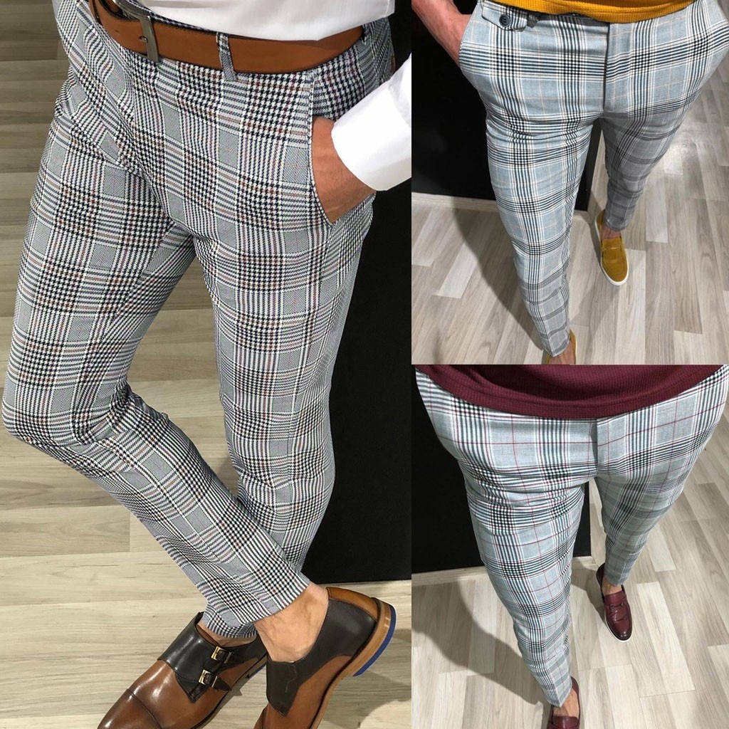 Moda jesień męskie spodnie spodnie Hip Hop Casual nadruk w szkocką kratę sznurkiem w pasie długa, cienka Cargo spodnie dresowe #40