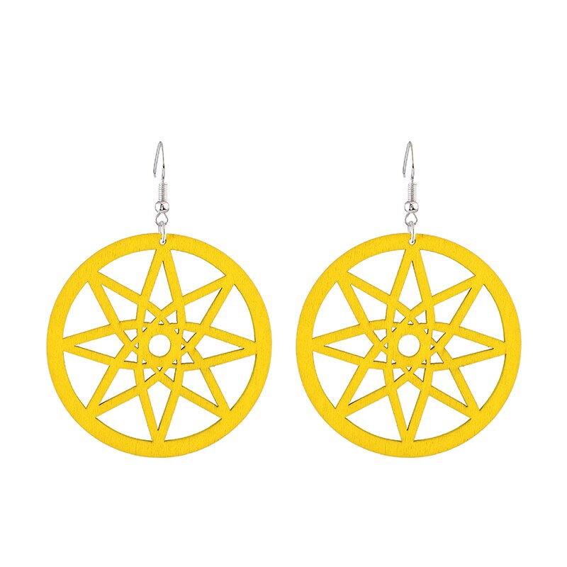 Retro Round Wood Earrings for Women Casual Original Hollow Eight-pointed Star Geometric Wooden Jewelry: C5