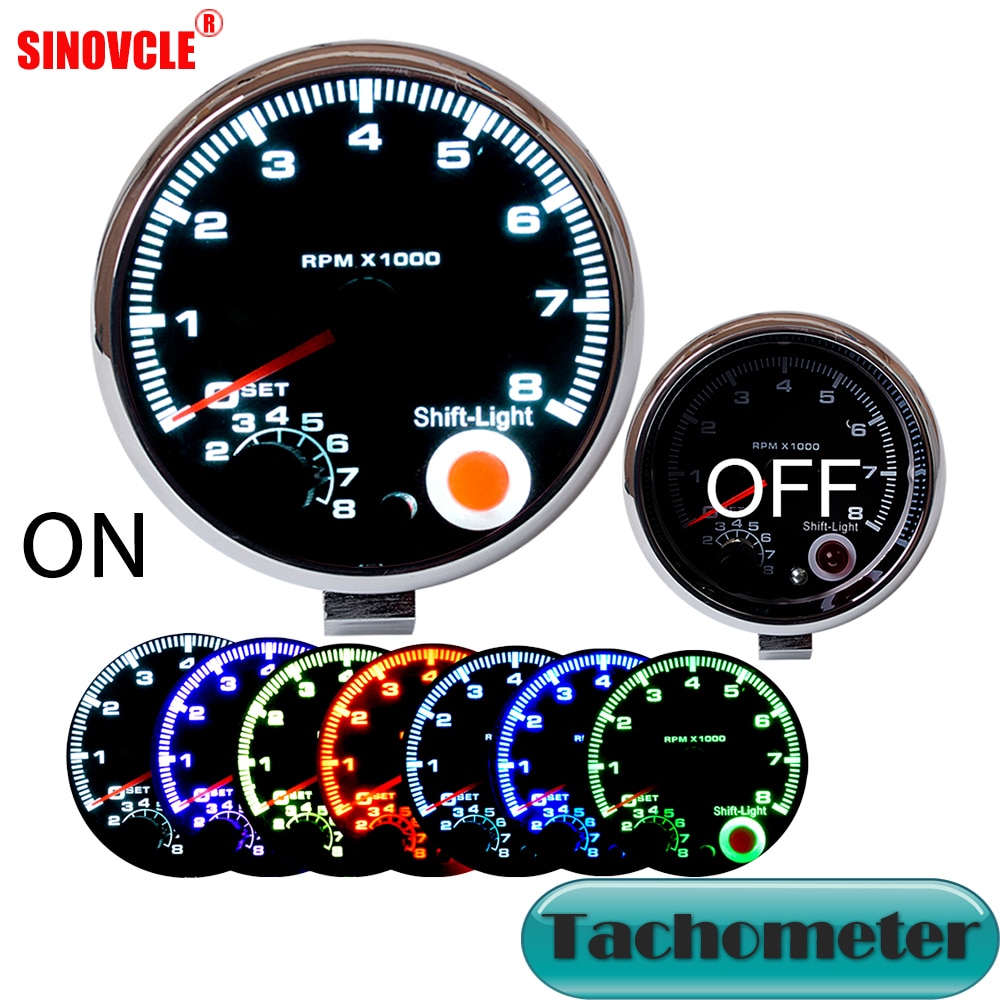 DRAGON GAUGE Car Gauge 3.75 Inch 95mm Tachometer Chrome for 7 LED Colors Adjustable 12V 3 3/4&quot; Meter 0-8000 RPM TAC Shift-Light