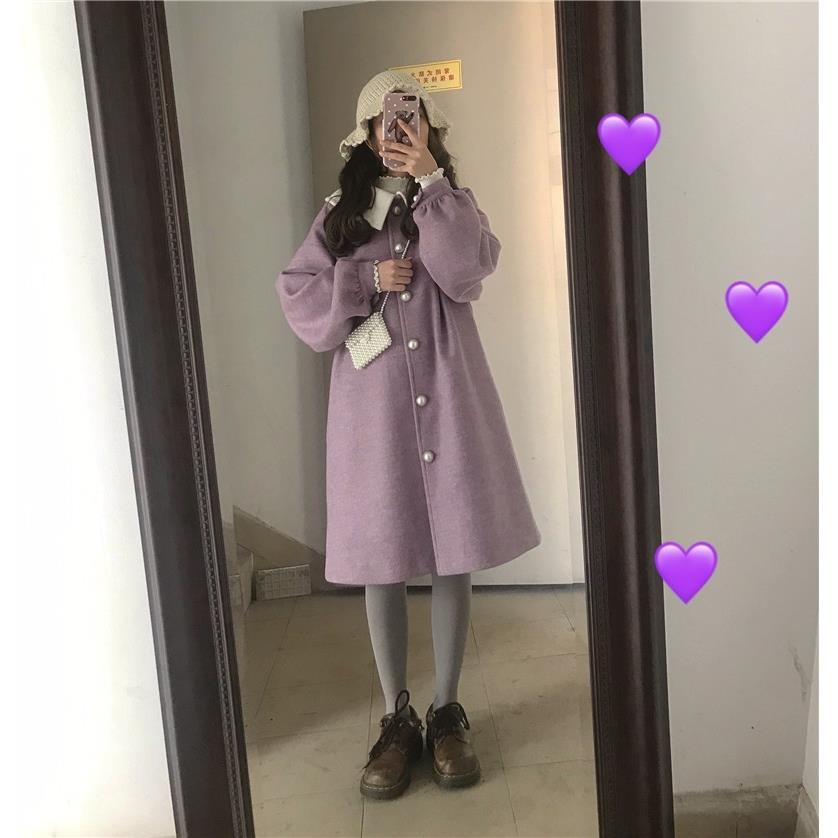 Wolle Frauen Lila Winter Lange Mantel Kawaii Japanischen Stil Schüler Geraffte Laterne Hülse Süße Harajuku Allgleiches Streetwear Mädchen