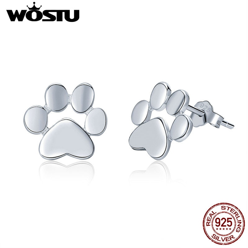 Wostu Real 925 Sterling Zilver Leuke Hond Voetafdrukken Tiny Stud Oorbellen Voor Vrouwen Party S925 Zilveren Sieraden CQE407