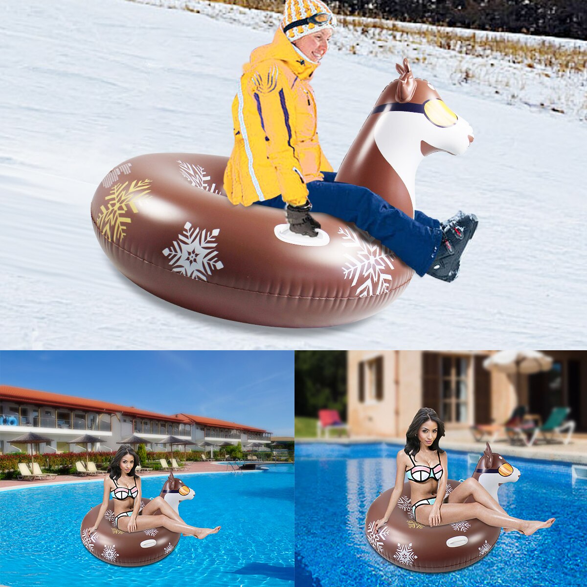 PVC Husky Winter Multi-function Snow Tube Inflatable Sled Summer Pool Float with Grip Handles for Adults 117x87cm