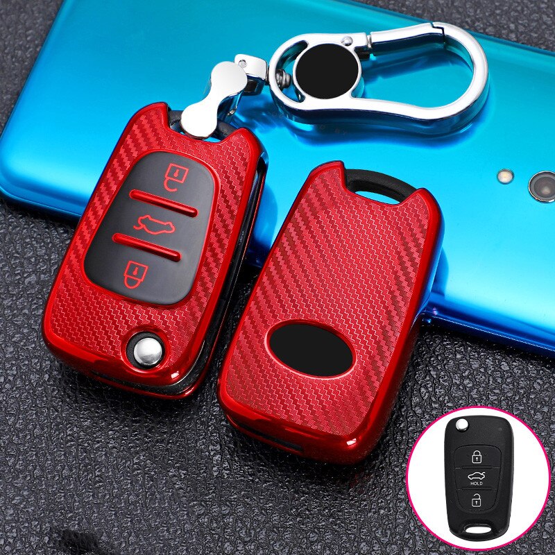 3 boutons en Fiber de carbone TPU voiture à distance clé à rabat housse coque gousset pour Hyundai I30 IX35 Verna pour KIA Sportage Sorento Rondo Soul RIO: Red one set