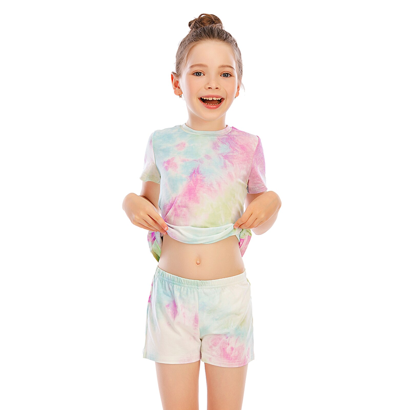 Sommer Baumwolle Homewear Nachtwäsche binden Farbstoff Kurzen Ärmeln oben und kurze Hose verlieren Outfit freundlicher Mädchen Sport Anzug setzt
