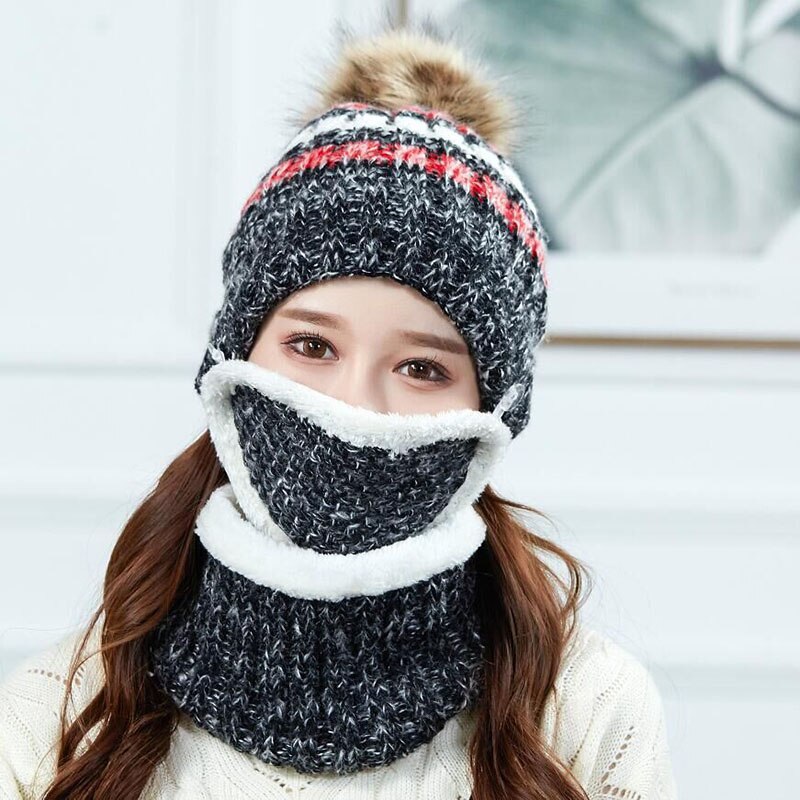 Gebreide wintermasker muts sjaal set dames dikke pompom mutsen ringsjaal warme wollen winteraccessoires voor dames winterset