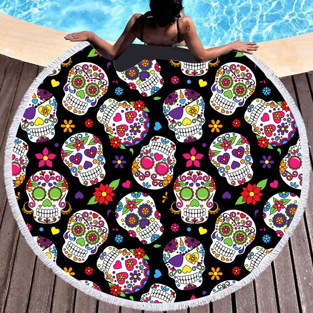 Couleurs crâne rond serviette de plage serviette de bain florale noir tapis de Yoga fleur gothique couverture pique-nique couverture