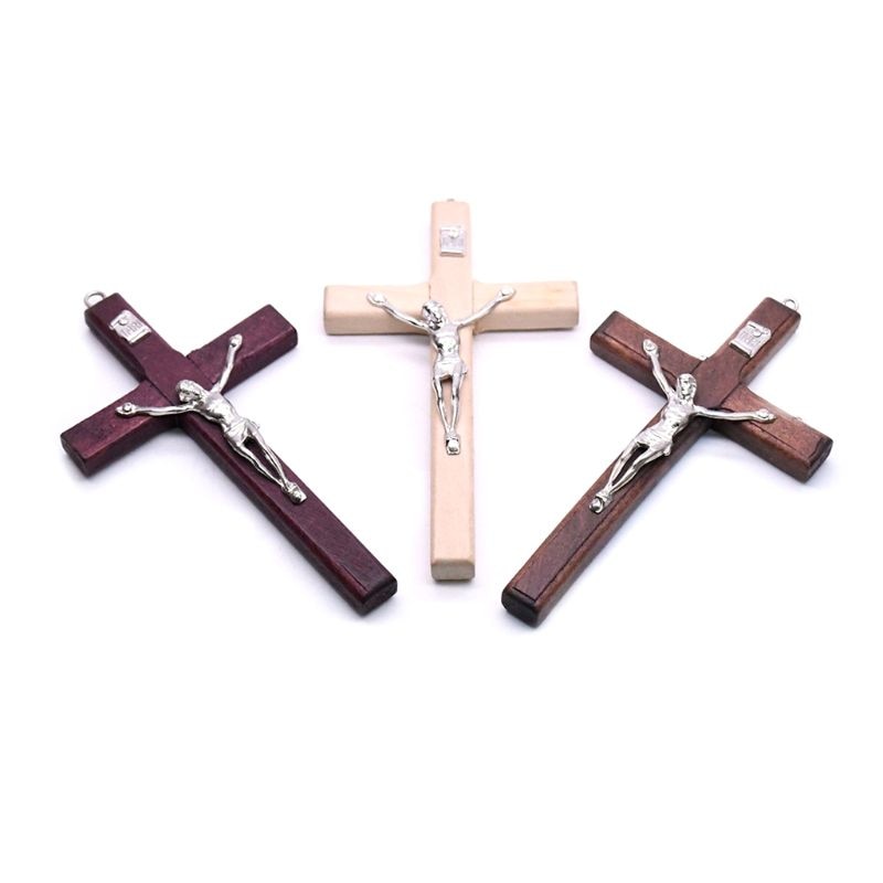 5Pcs Houten Christus Jezus Kruis Lijden Standbeeld Religieuze Gebed Kruisbeeld Opknoping Hanger Hand Holding Sieraden