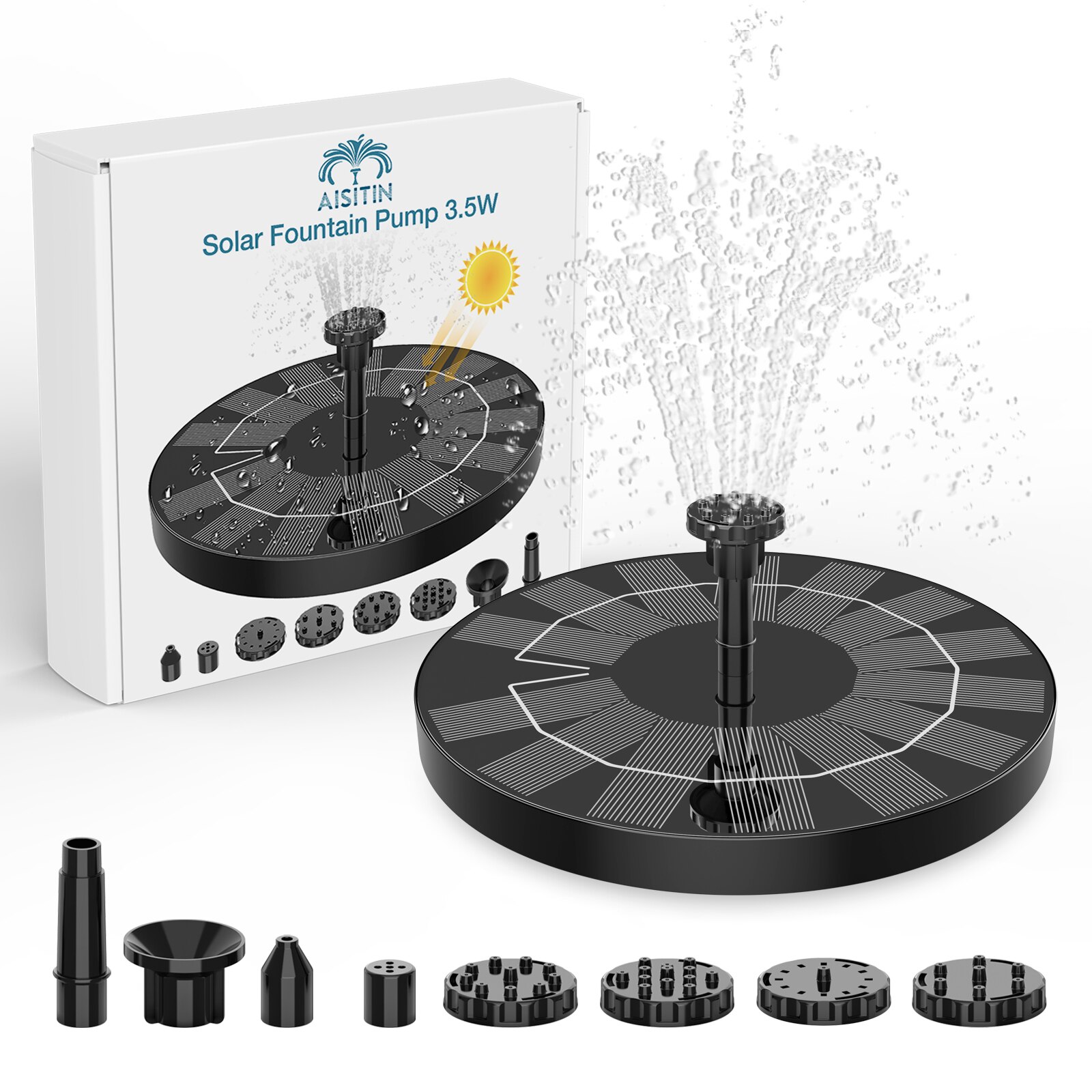 AISITIN-Fuente Solar de 3,5 W, fuente alimentada por energía Solar con 6 boquillas, fuente de agua Solar para baños de aves, decoración de jardín
