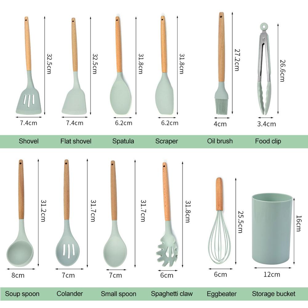 12 Pieces of Silica Gel Kitchenware Set, Non Stick Pot, Cooking Tool, Wooden Handle, Shovel Spoon Set, Kitchen Utensils, Cooking