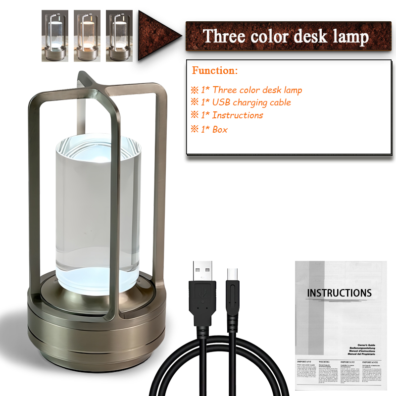 LED-lantaarn metalen frame tafellamp onzichtbare aanraakbediening modern draagbaar nachtlampje oplaadbaar met kristallen kolom LED-lamp: orange