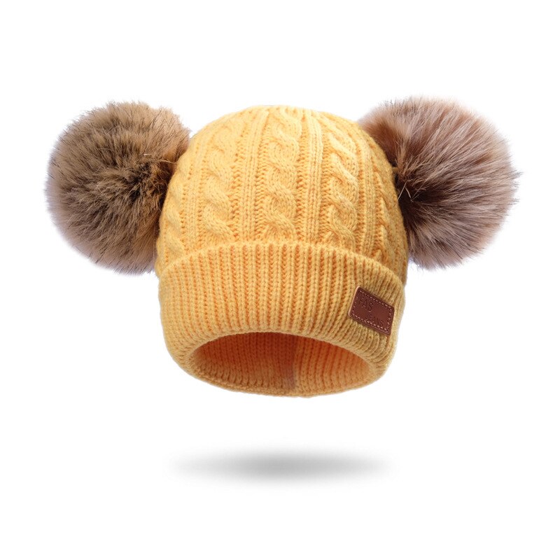 Pompom Fur Baby Knitted Beanie Hats Solid Color Baby Bonnet Hat Child Winter Boy Girl Thicken Warm Cap: yellow