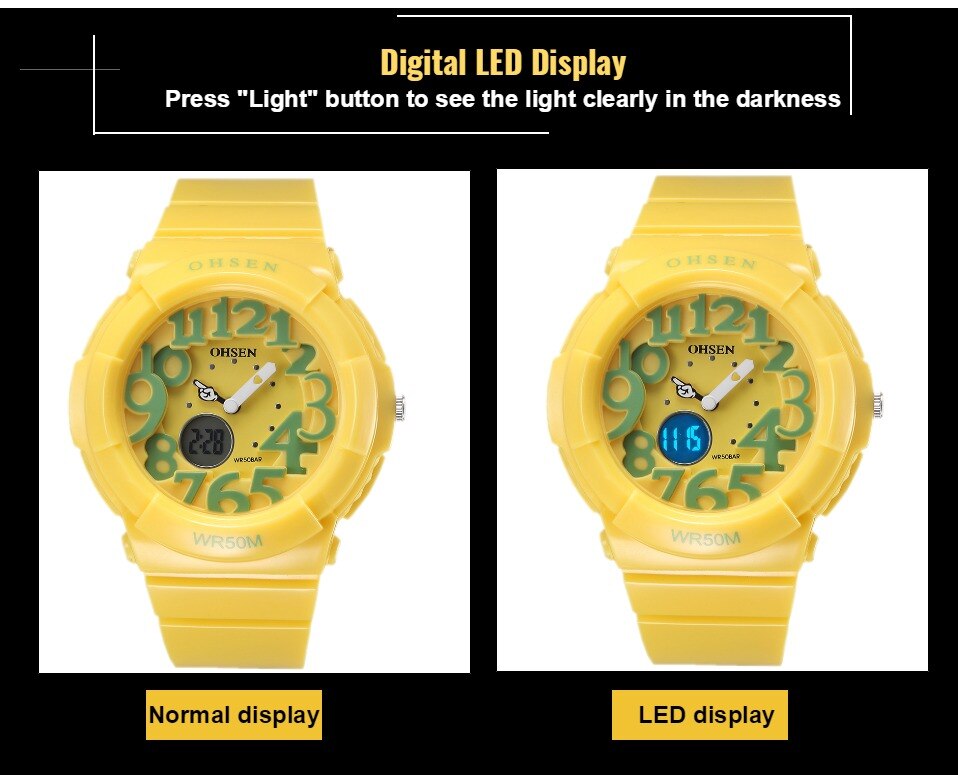 Ohsen digitaal quartz kinderhorloge voor meisjes, waterdicht, outdoor sporthorloge voor jongens, zwart siliconen dameshorloge