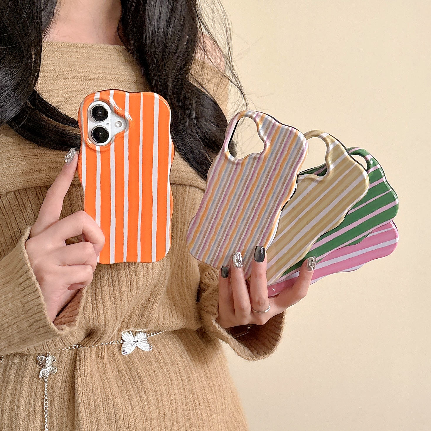 2 in 1 Glossy Stripes Phone Case for iPhone 13 14 15 16 Pro Max Wave Edges Comfortable Touch Hard Slim Back Cover Shell