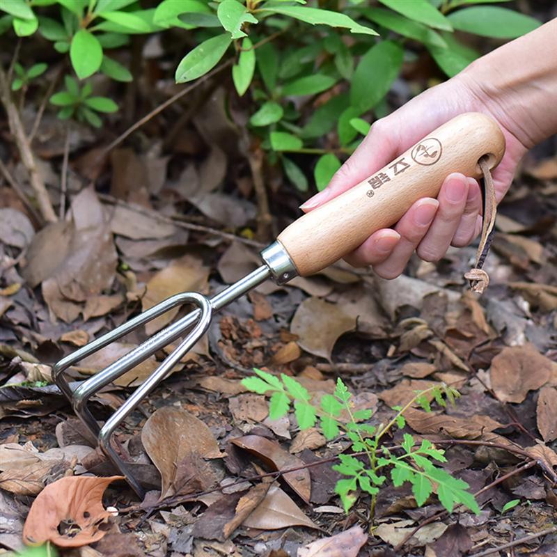 1Pc Rvs Tuin Hark Cultivator Tuin Tool Houten Handvat Kleine Mini Hark (Willekeurige Teken)