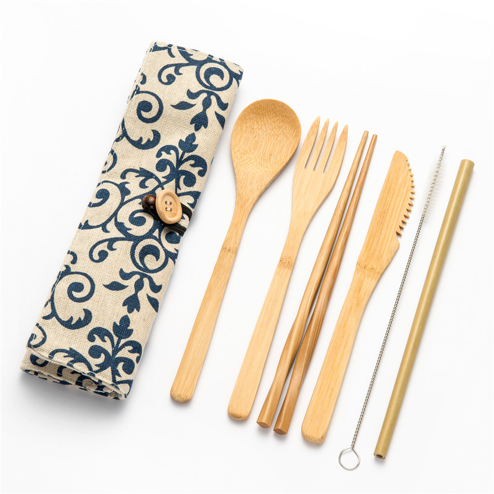 Eco-vriendelijke Reizen Herbruikbare Draagbare Bamboe Bestek Set Lepel Vork Eetstokje Sets 6 stks/set Straw Keuken Voedsel Servies Set: 7pcs set001