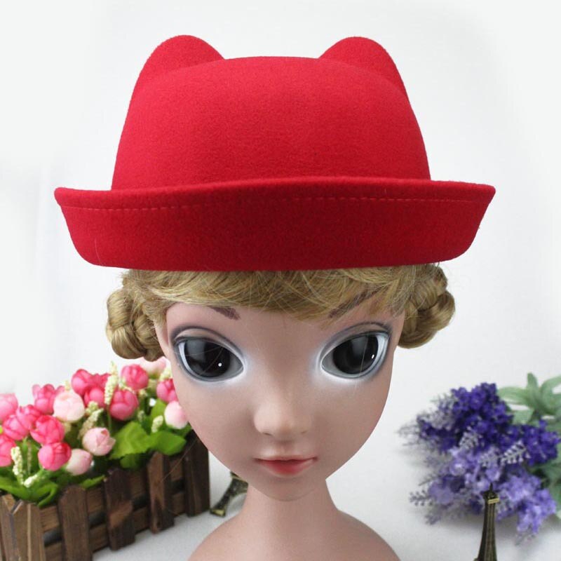 Girls Children Fedoras Hat Spring Bowler Hat Roll Brim Dome Top Hat Devil Horns Cat Ear Felt Wool Sun Hat Good Package 20