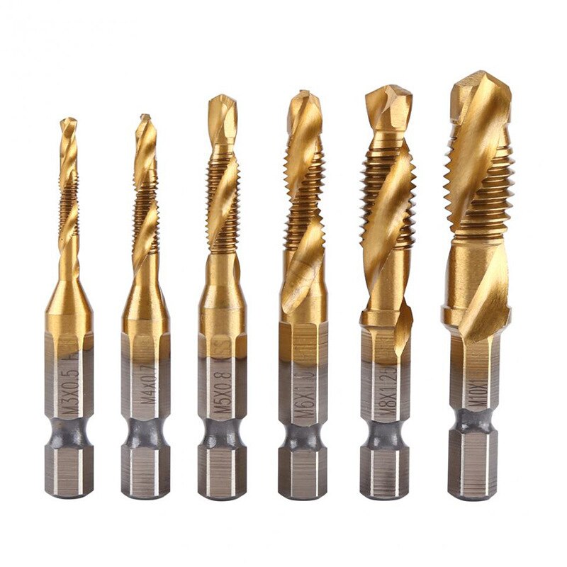 Titanium Plated Hex Shank HSS Screw Thread Metric Tap Drill Bits Screw Machine Compound M3 M4 M5 M6 M8 M10 Hand Tools
