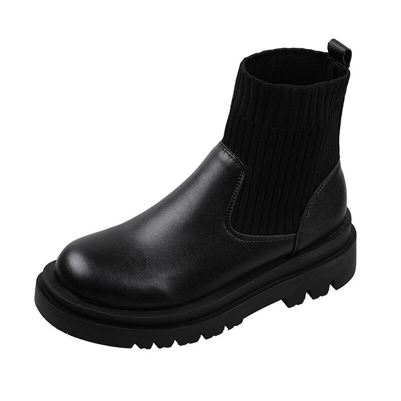 Grosses bottes femme dernière Slip-on tissé Patchwork PU haut bout rond noir Beige léger Chelsea bottes femmes chaussures: Black / 40