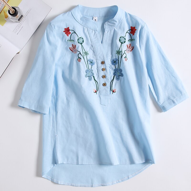 Korte Mouw Blouses Zomer Geborduurde Shirts Vrouwen Kleding V-hals Mode Bloemen Vrouwen Tops Slanke Shirts 0537 40: Blauw / S