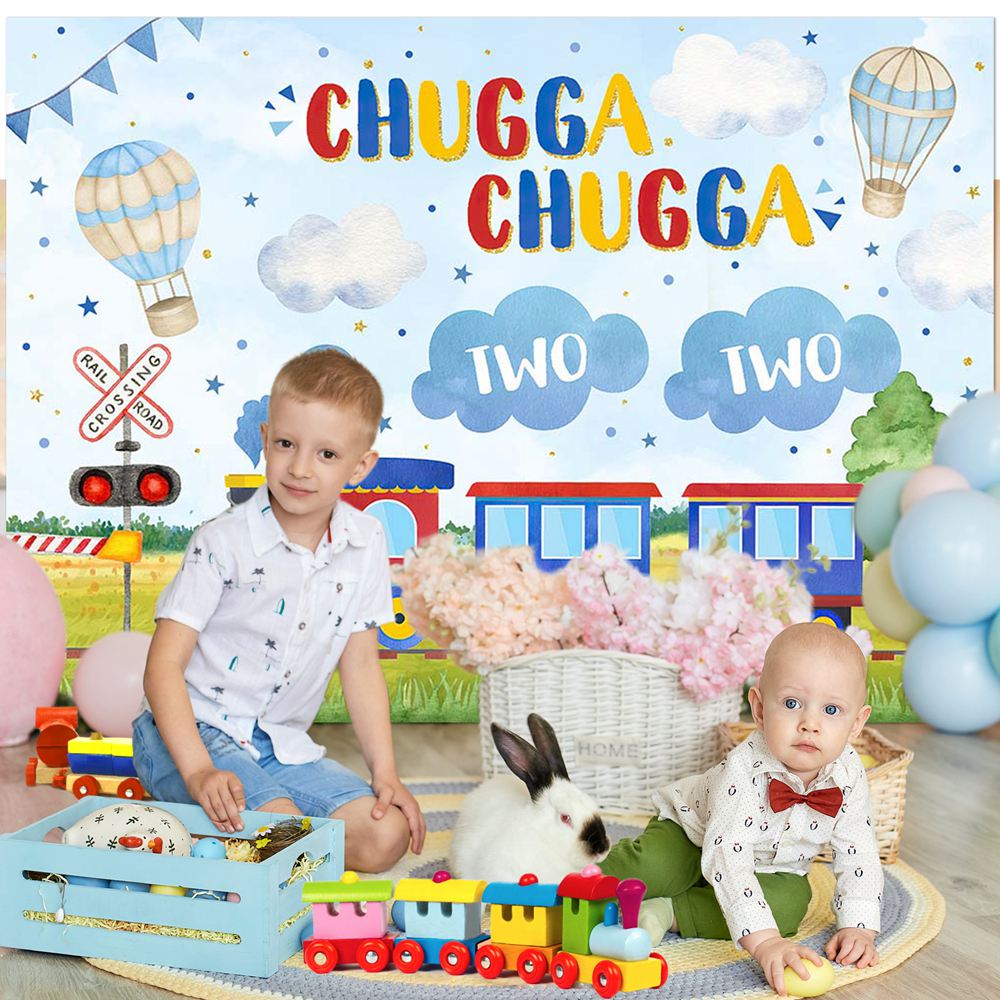 Mocsicka Choo Choo Train Kids 2nd Birthday Background Hot Air Balloon Boy Two Cake Smash Portrait Photography Background Photocall