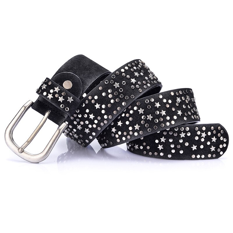 Ceintures en croûte de cuir et PU femme | Incrustation de rivets étoiles, ceinture femme ardillon taille, marques de luxe, ceinture en cuir: Black / 90 CM