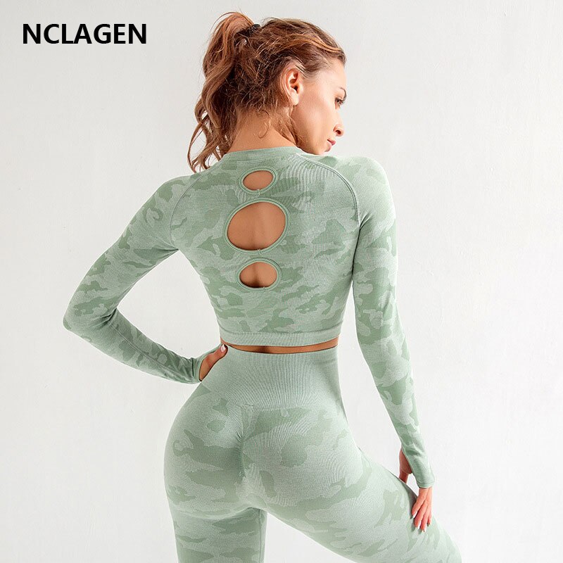 Nclagen Yoga Top Overhemd Motion Vrouwen Sneldrogend Running Ademend Hollow Out Naadloze Lange Mouwen Sport Fitness Gym T-shirt