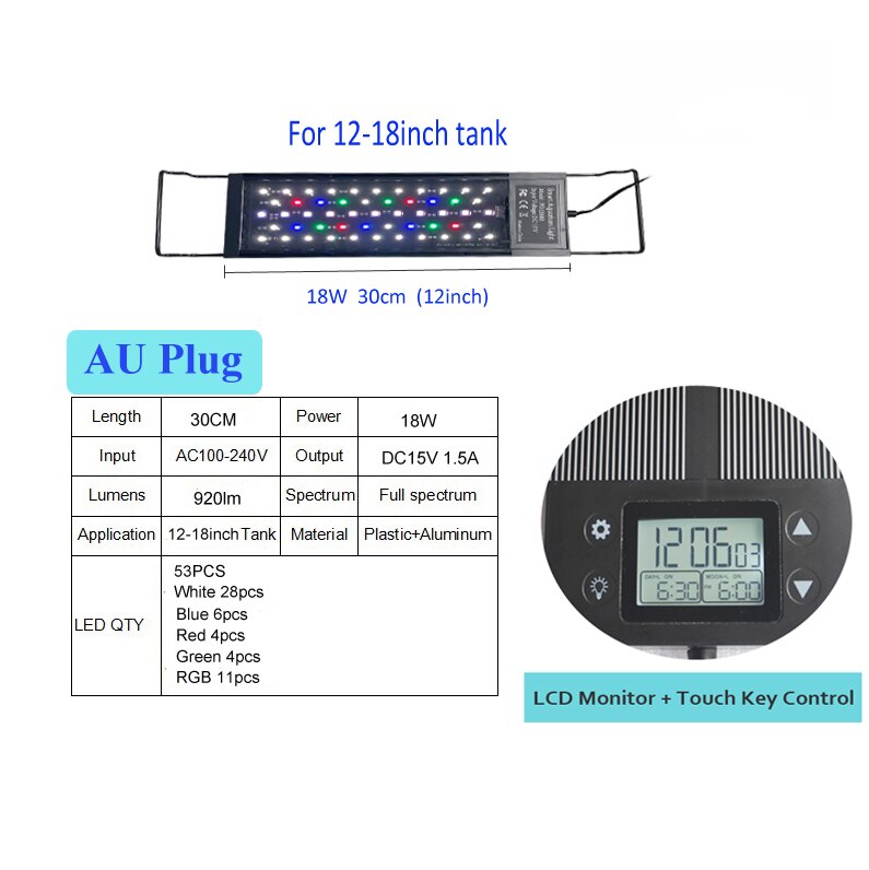 12inch-18-24inch Waterdichte Programma 8 Kleuren Auto On Off Volledige Spectrum Led Aquarium Lichtpunt Voor Zoetwater Geplant Tank: 18W 12inch C138 AU