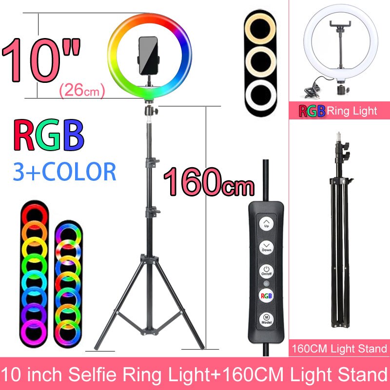 Fotografie Lamp Licht Ring Met Telefoon Houder Selfie Usb Plug Dimbare 6 8 10 12 14 Inch Beschikbaar In verschillende Maten: 10 RGB 160cm