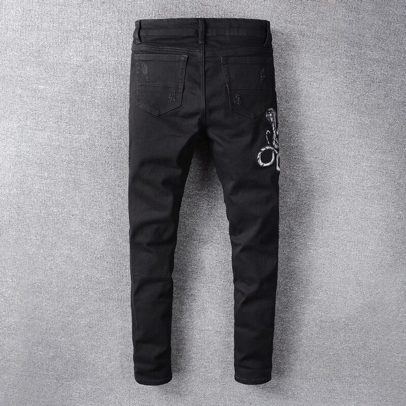 Streetwear Men Jeans Elastic Ripped Jeans Men Stretch Punk Pants Cobra Patches Hip Hop Jeans Homme