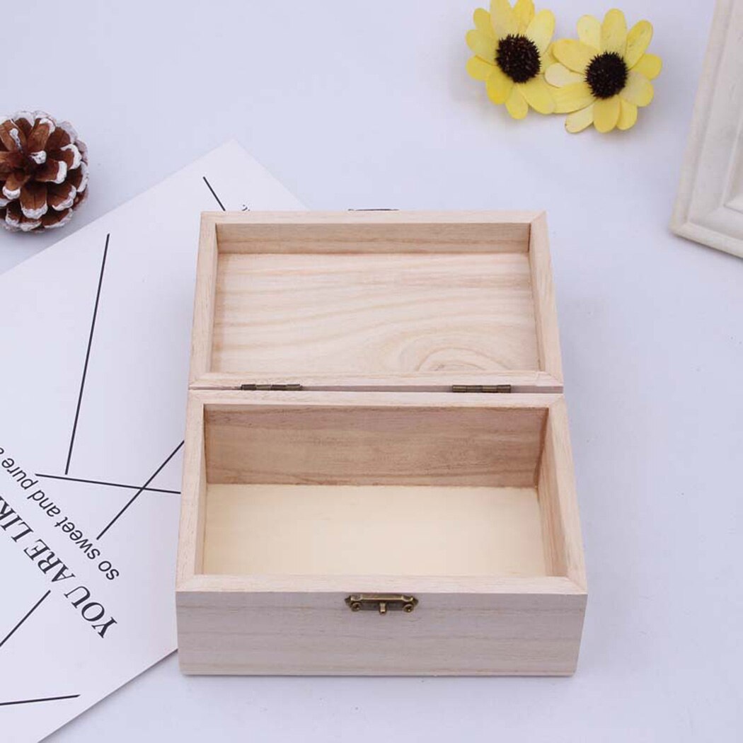 S/M/L Wooden Storage-Box Plain Wood With Lid Multifunction Square Hinged Craft Boxes For Home Supply Storage Decora