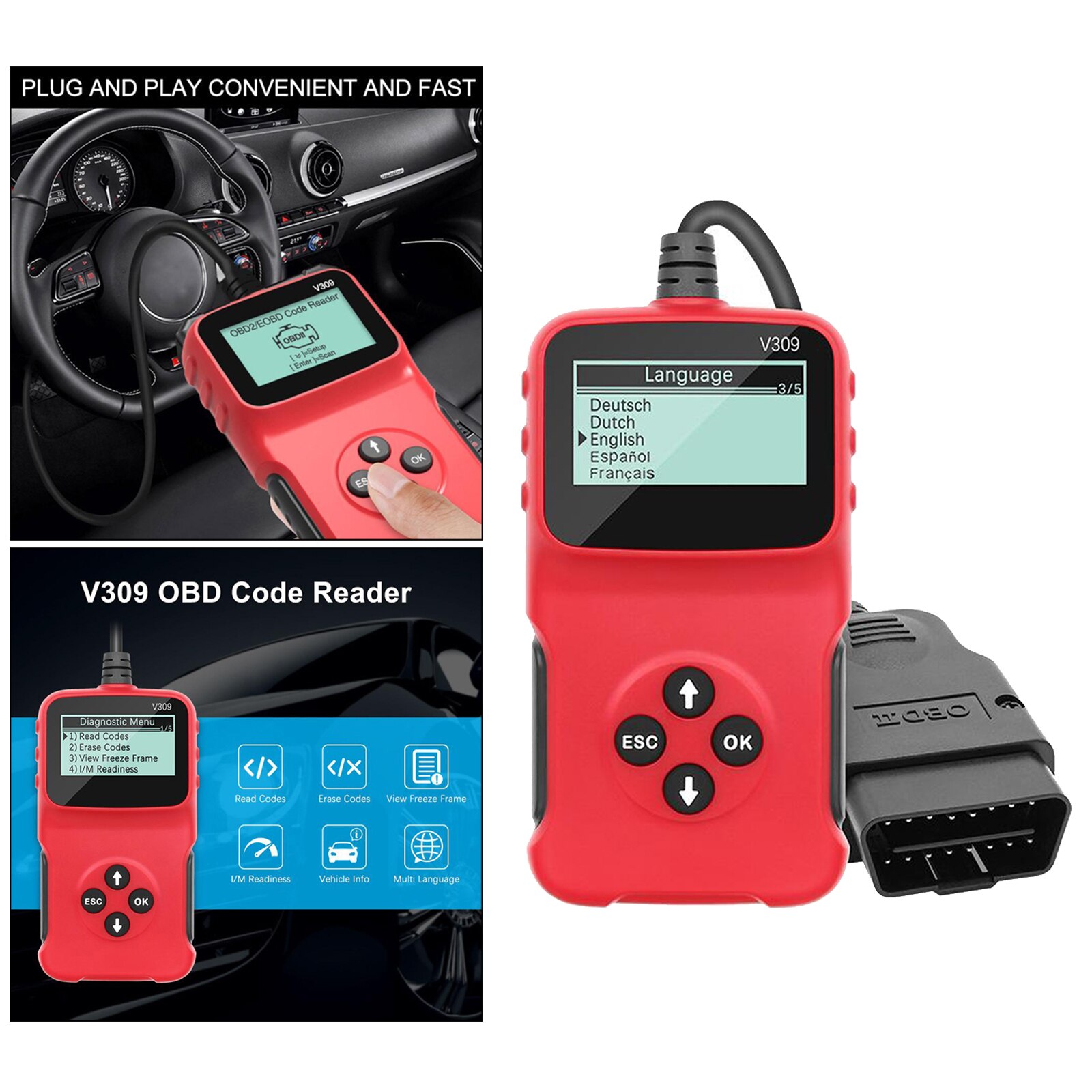 OBDII Scanner Code Reader Scan Reset Tool Engine Fault Diagnostic Tool