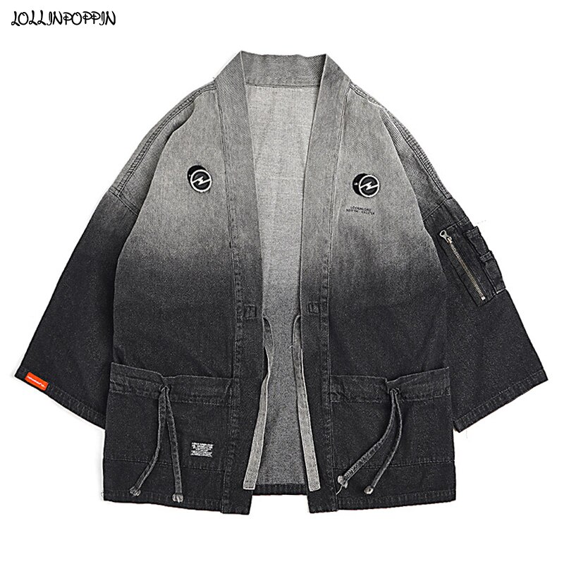 Gray &amp; Black Gradient Color Men Denim Kimono Jacket Japan Style Streetwear Retro Mens Three Quarter Sleeves Kimono Coat