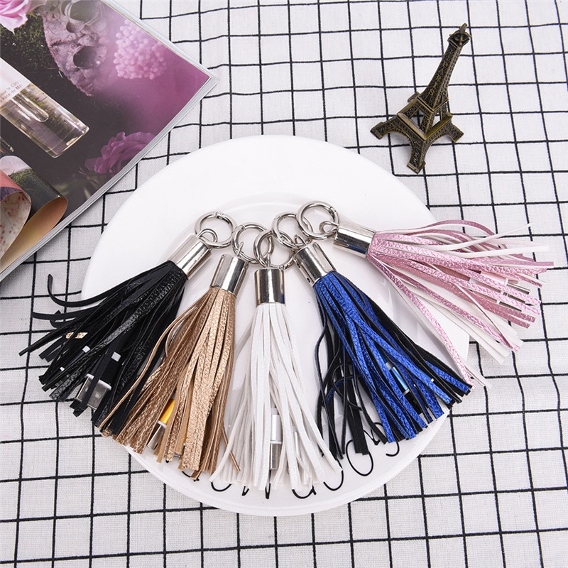 Mini USB cable phone with metal key ring data cable USB cable leather tassel key chain for iPhone