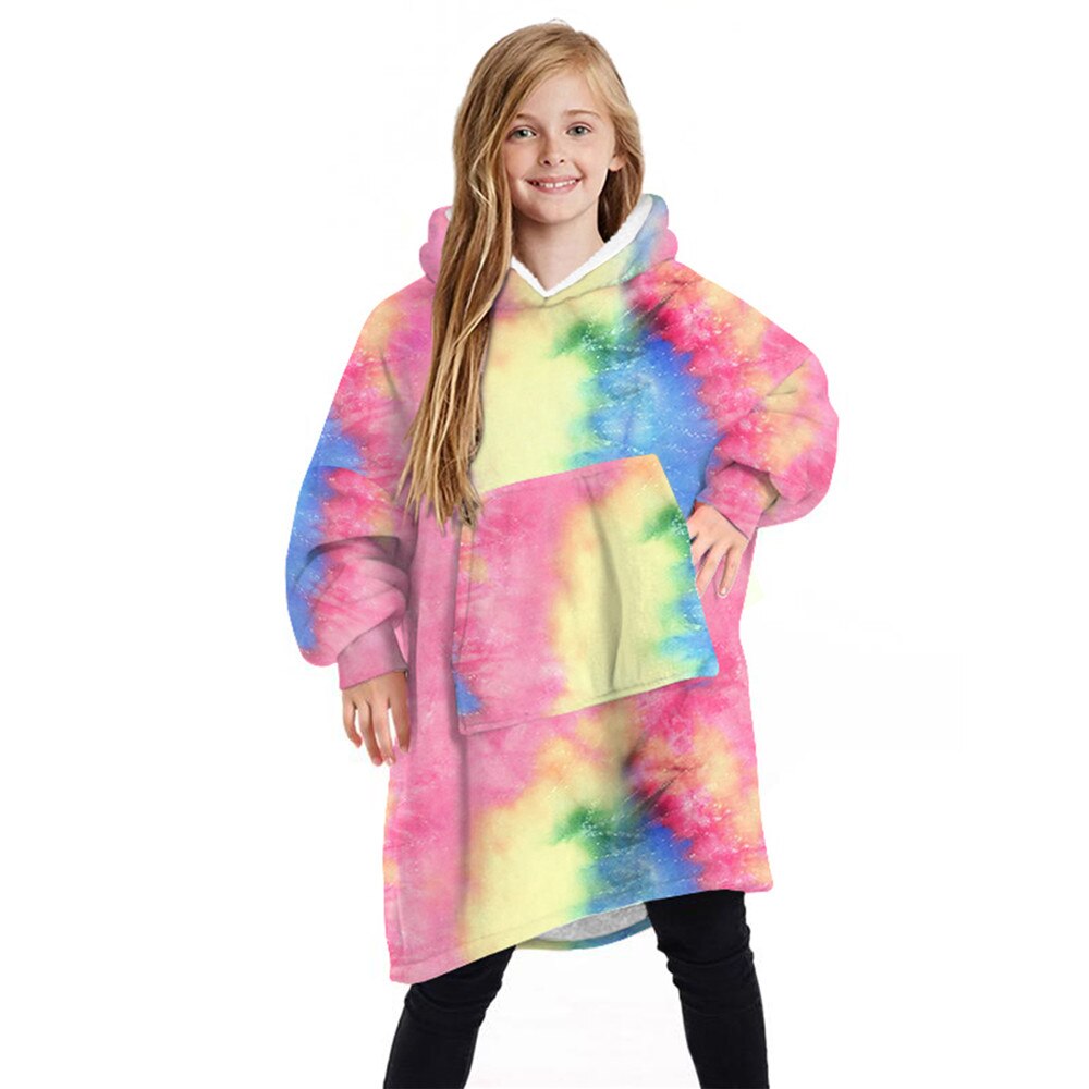 New Kids Unisex stampato indossabile coperta felpa con cappuccio Chikdren Boy Girl Fleece felpa con cappuccio oversize inverno caldo canguro 7-13Y: E