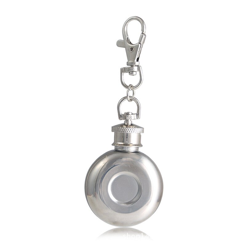 BalleenShiny-Mini Petaca redonda de acero inoxidable, 1oz, 28ml, con llavero, licor, whisky, vino, olla, vasos y botellas pequeños: Silver