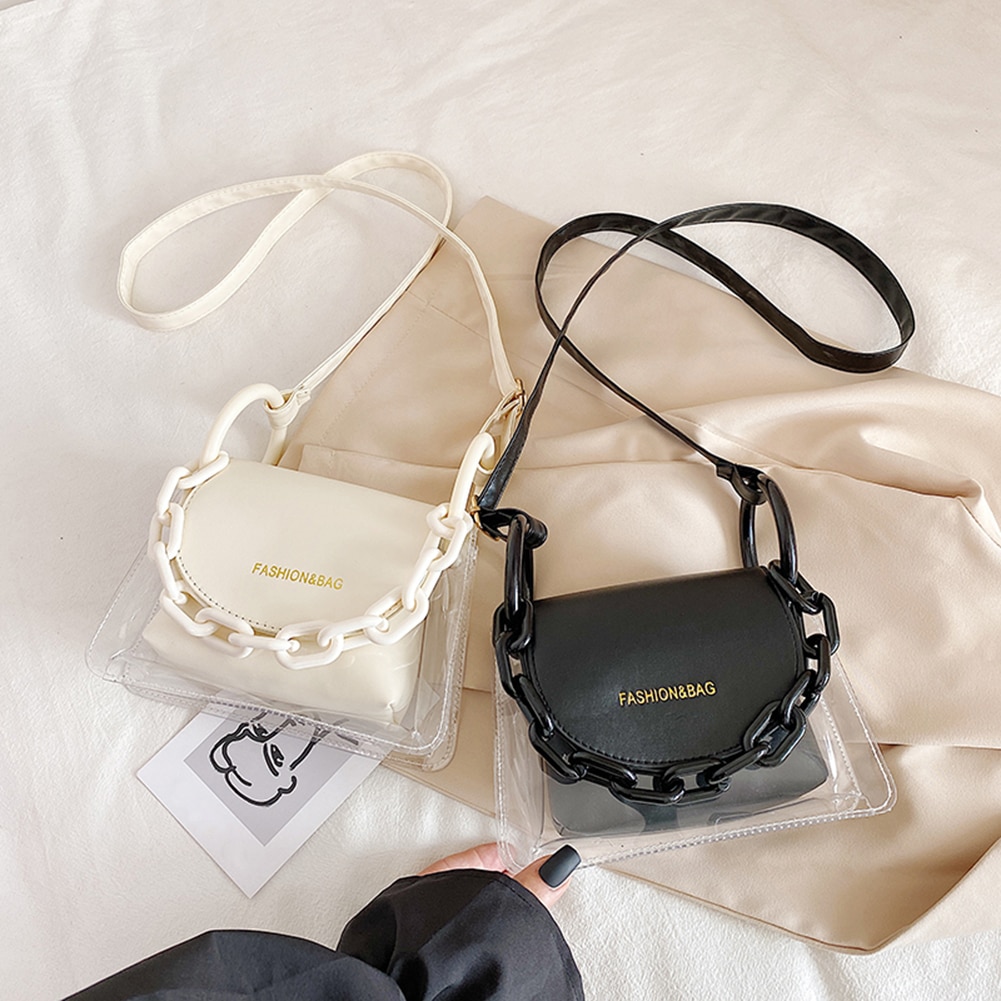 Transparent PVC Crossbody Bag Women PU Acrylic Chain Ladies Shoulder Messenger Flap Handbags