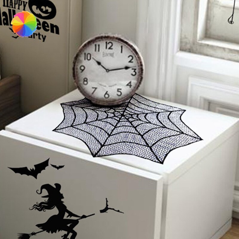 Halloween tafeldecoratie, open haard sjaal, halloween kant, spinnenweb tafelkleed, ronde tafelkleed hoezen