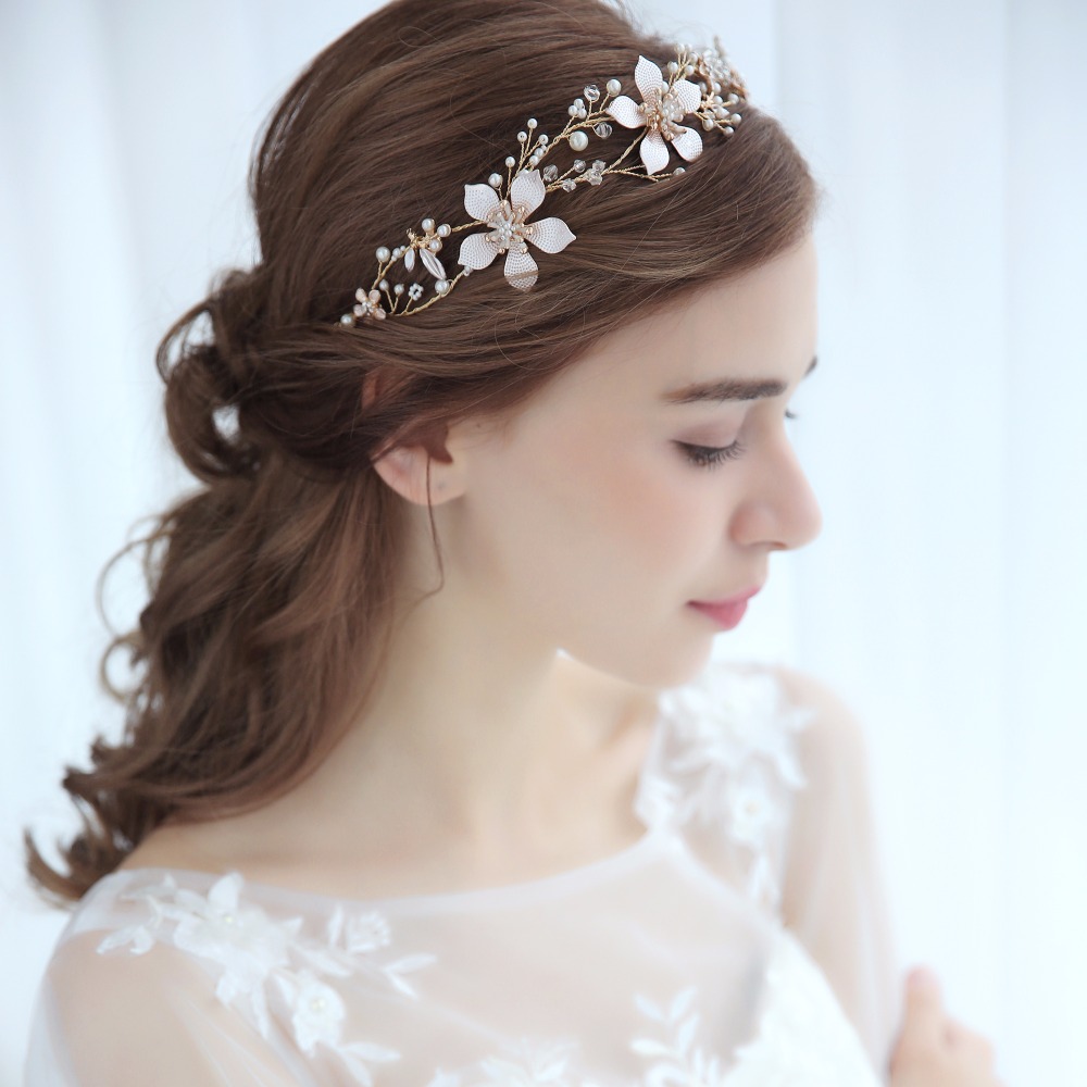 Parel Strass Bloem Bruid Haarband Haar Ornamenten Bruiloft Accessoires Bruid Tiara Gouden Kleur Bloem Haaraccessoires