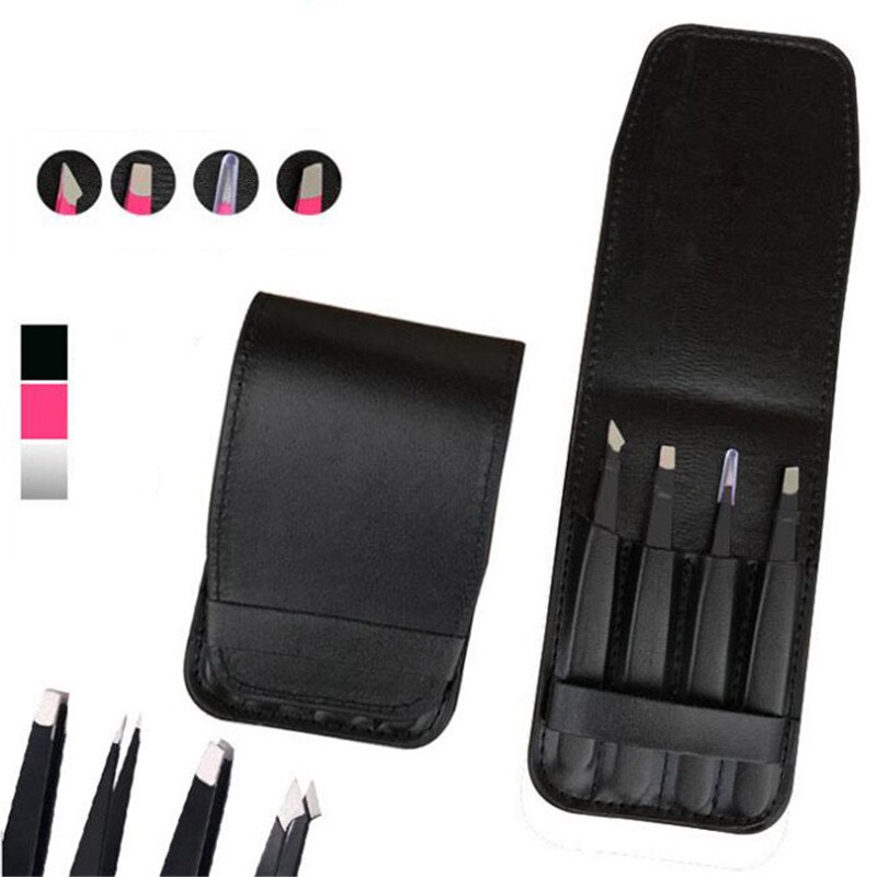 4 Sets Of Eyebrow Tweezers Stainless Steel Pointed / Tilted Pointed / Flat Hair Removal Makeup Kit