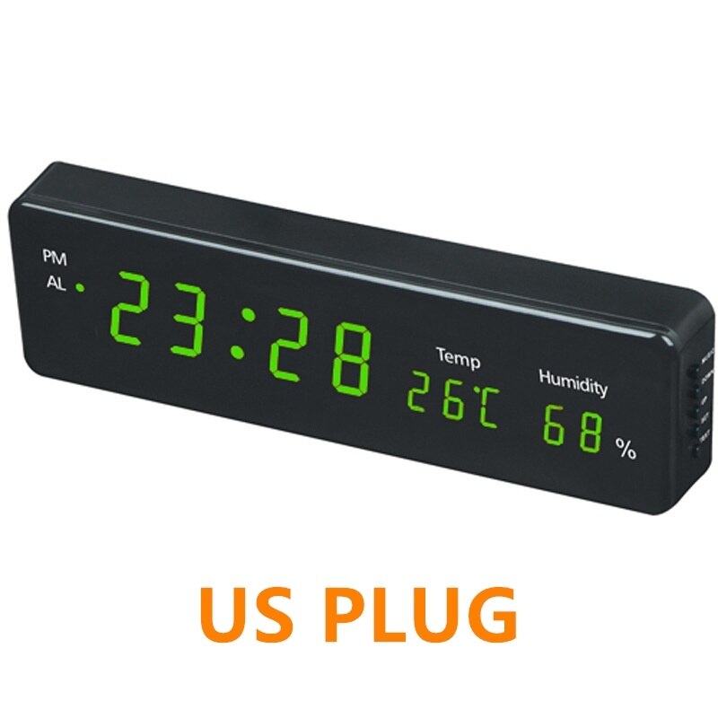 Big Number Large LCD Digital Wall Clock Multi-function Electronic Bedside Table Clock Desk Alarm Clock With Temperature Humidity: Green Us Plug