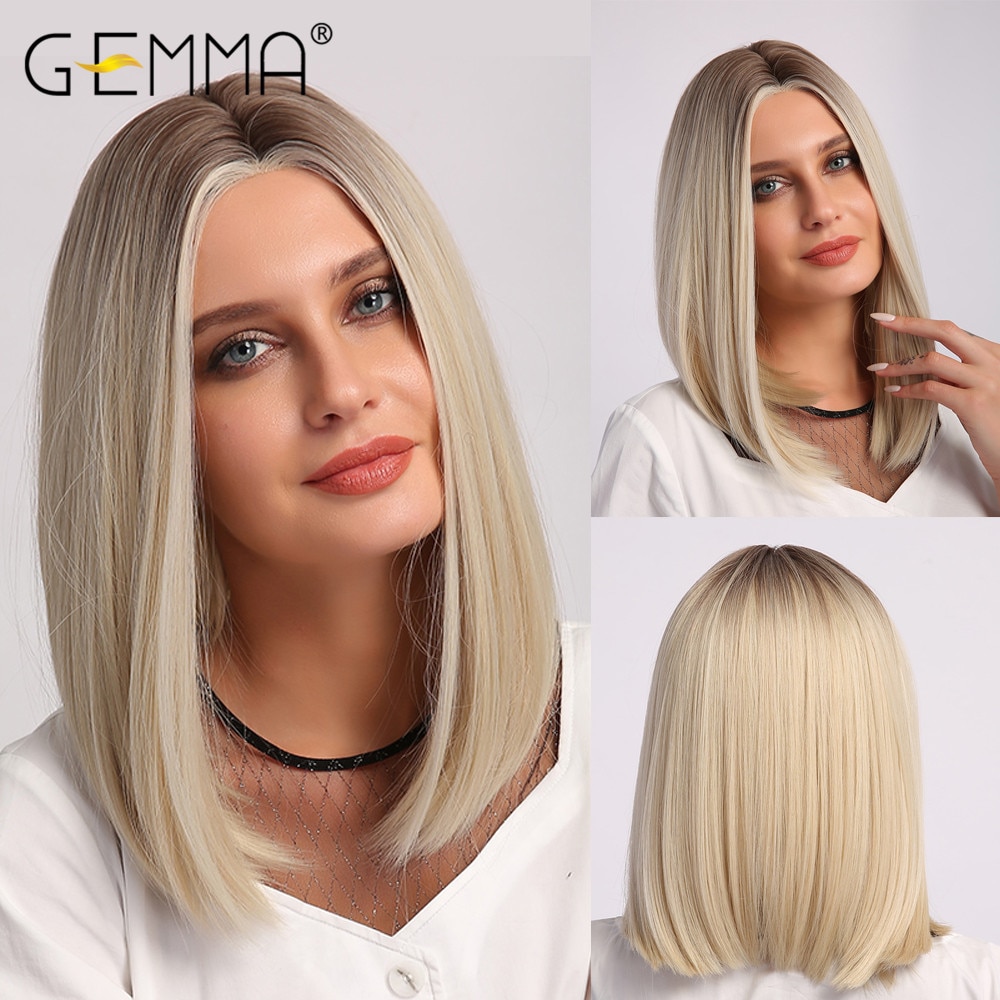 GEMMA Medium Straight Synthetic Wigs Ombre Black Brown Blonde White Highlight Wigs Middle Part Hair for Women Heat Resistant