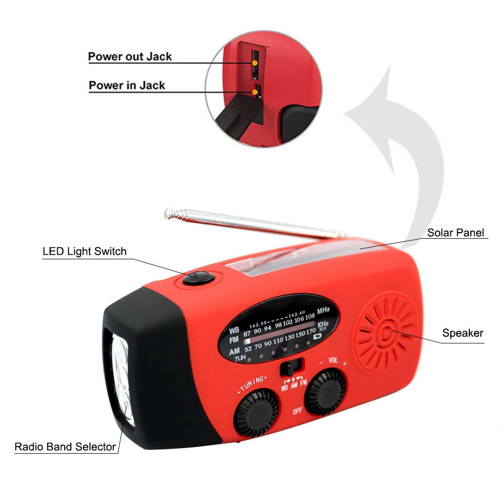 Multifunctional Hand Radio Solar Crank Dynamo Powered AM/FM/NOAA Weather Radio Emergency Flashlight 2000mAh Charger Power Bank