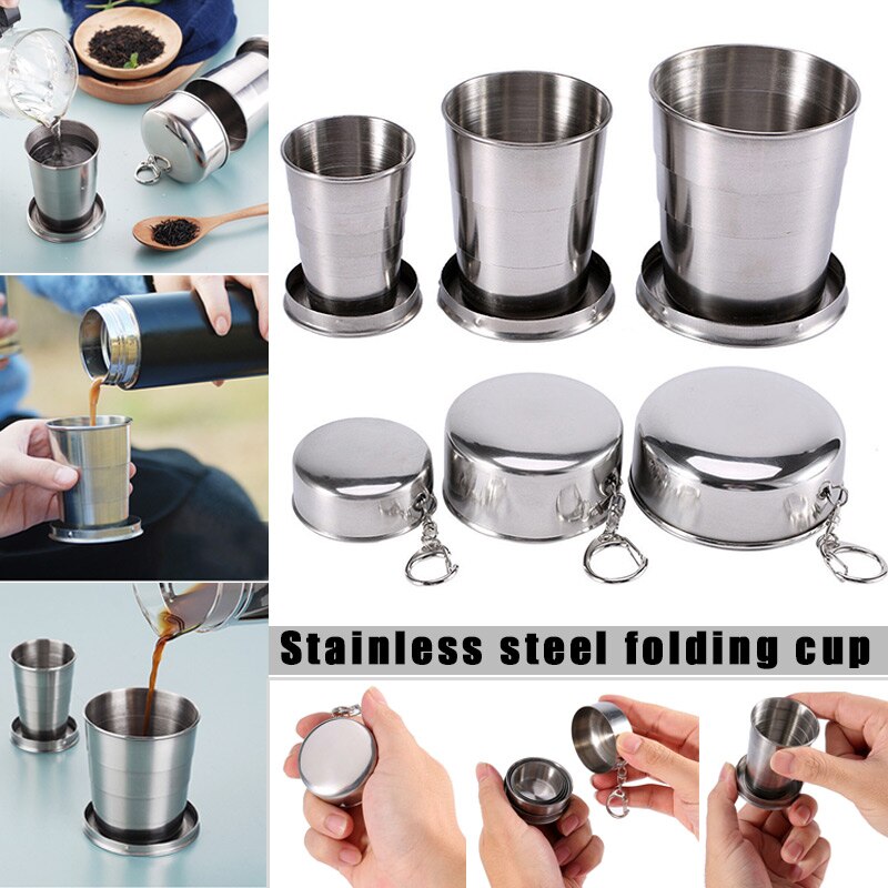 60ml 150ml 250ml in Acciaio Inox Campeggio Pieghevole Tazza di Corsa Esterna Portatile Smontabile Tazza Pieghevole con Portachiavi