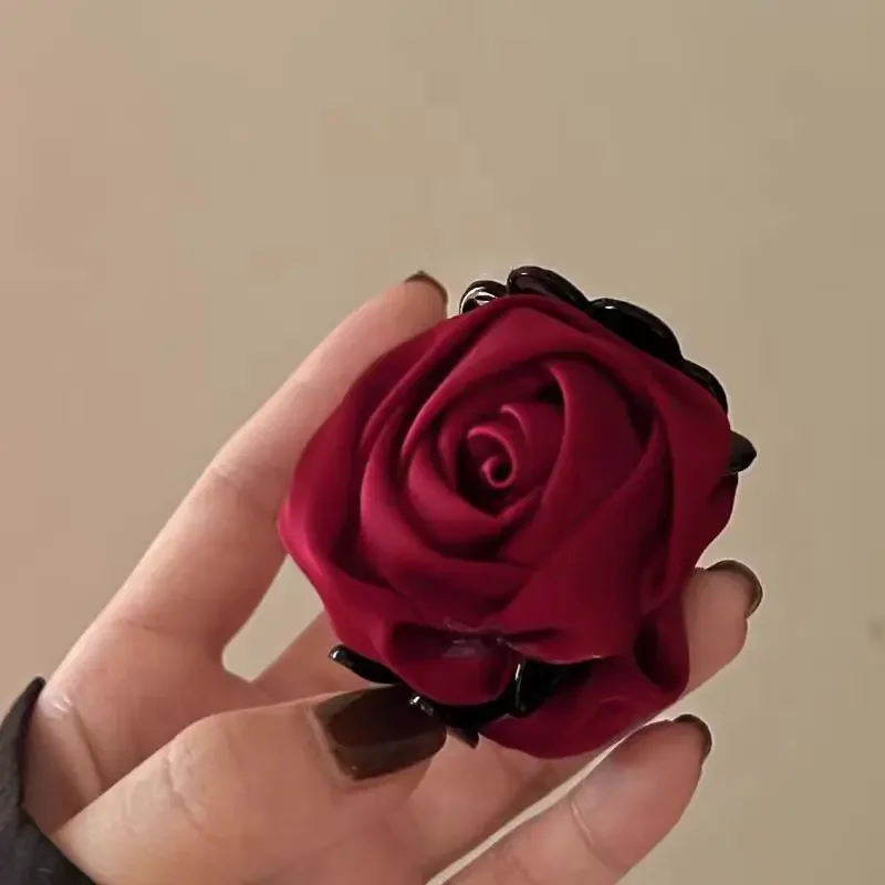 Pinzas en forma de garra para el pelo con flor de Rosa doble francesa para mujeres y niñas, accesorios para el pelo de tiburón hechos a mano de tela sólida satinada Vintage, nuevos: Negro