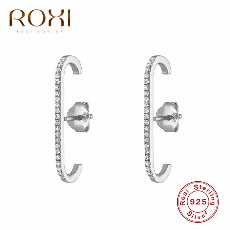 ROXI Shiny Zircon 925 Sterling Silver Stud Earrings for Women Geometric Row Crystal Piercing Earring Minimal Korean Jewelry