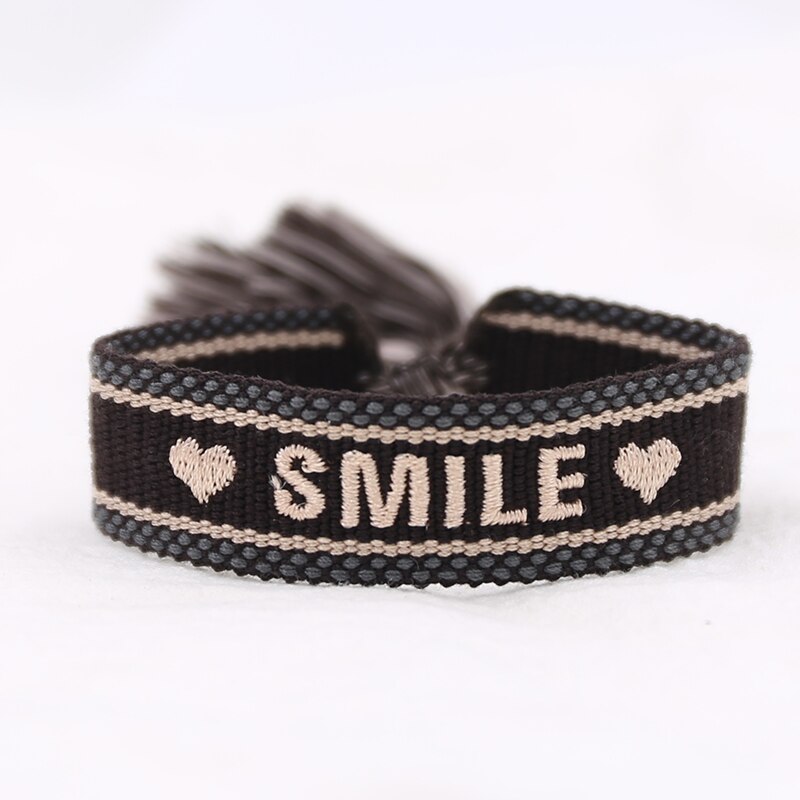 Black Color Letter Printed Braided Bracelet For Women Men Handmade Tassel Bracelet Adjustable Rope Bracelets Couple Jewelry: Smile