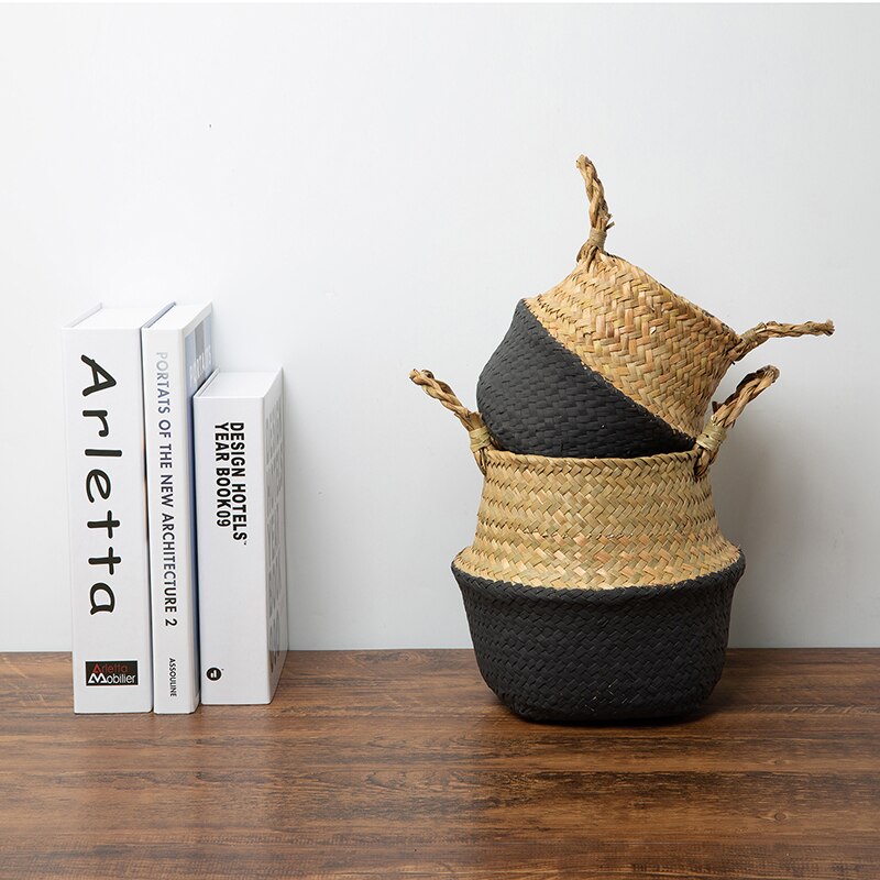 Small Wicker Basket with Handles Seagrass Woven Storage Basket Laundry Toys Picnic Basket Foldable Belly Organizer