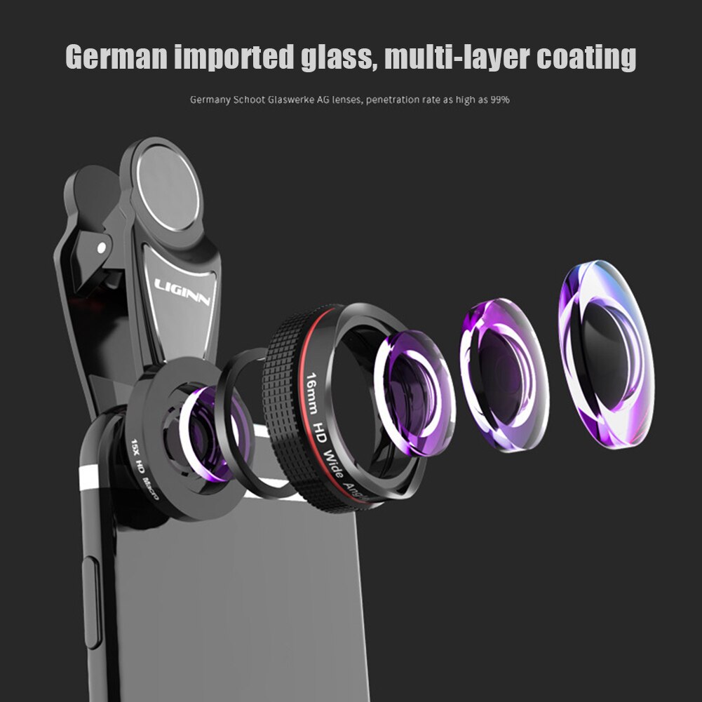 16mm 4k super vidvinkel makrotelefonlinse 2 in 1 15x forvrængningsfri hd universal clip kamera linsesæt til iphone android linse